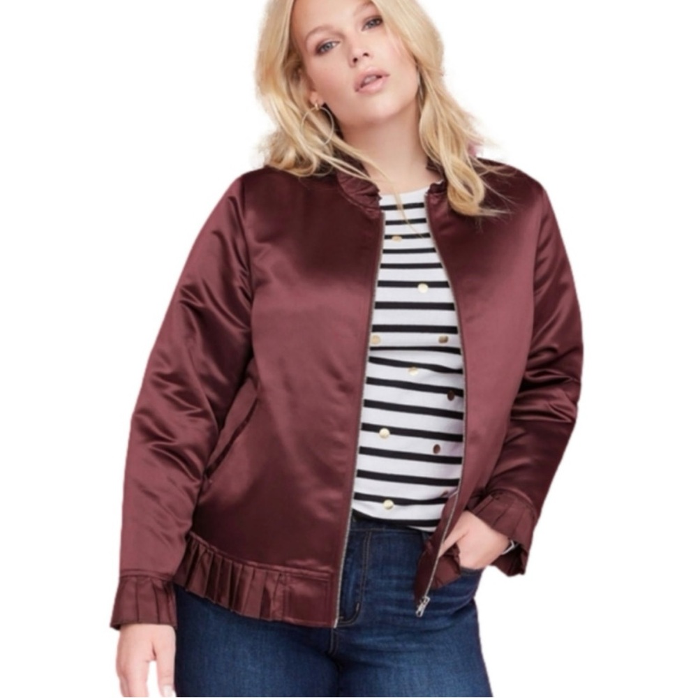 Lane Bryant Satin ruffle Bomber jacket deep purple maroon sz 26/28 Adorable!!!